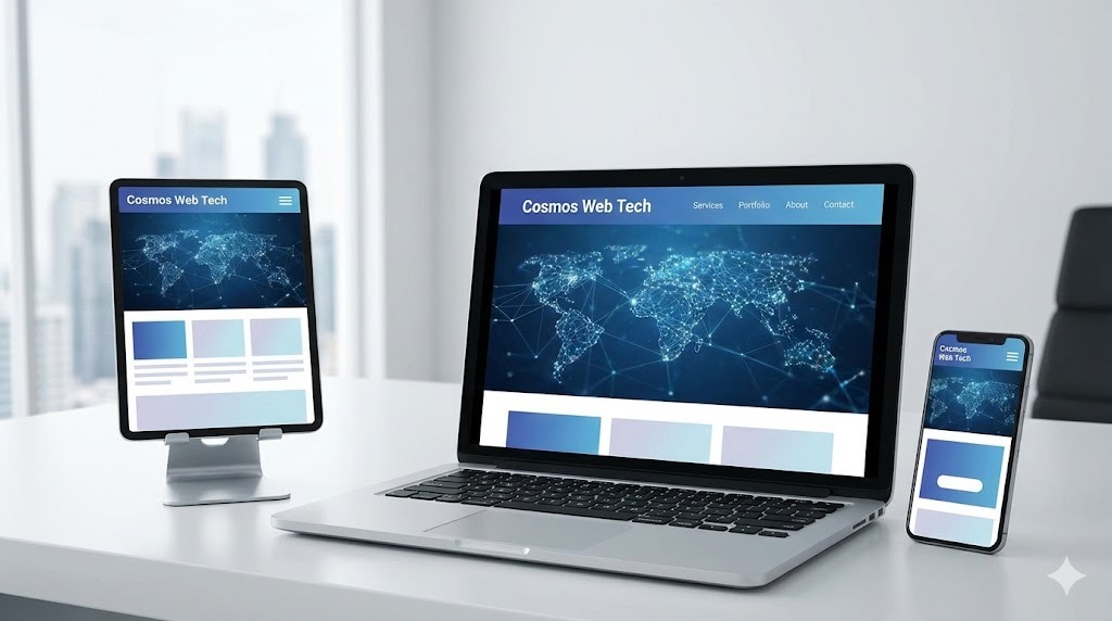 Modern responsive website design shown on laptop, tablet and smartphone with Cosmos Web Tech branding