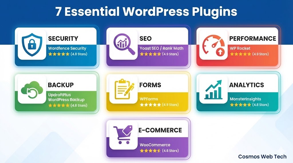 7 Essential WordPress Plugins: Security, SEO, Performance, Backup, Forms, Analytics & E-commerce with ratings