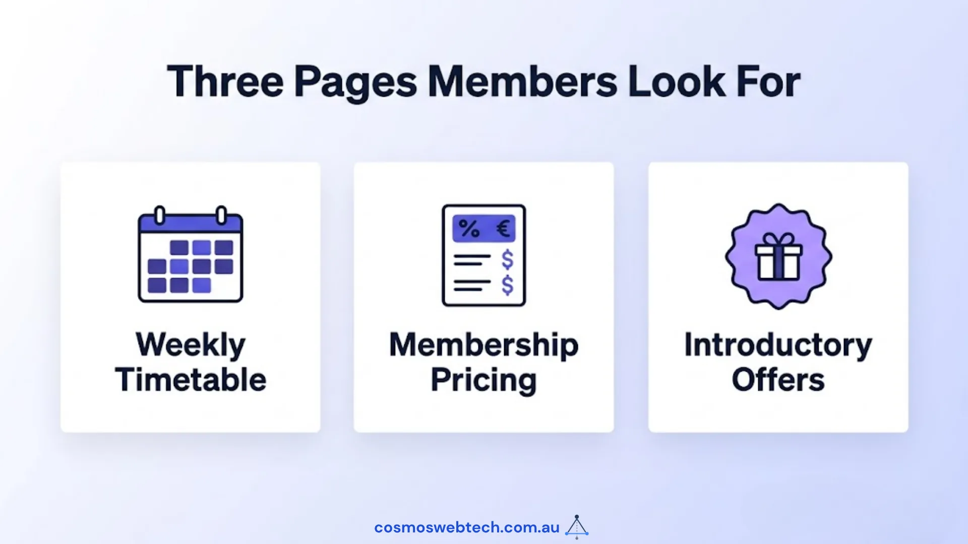 Three pages members look for: the weekly timetable, membership pricing, and introductory offers