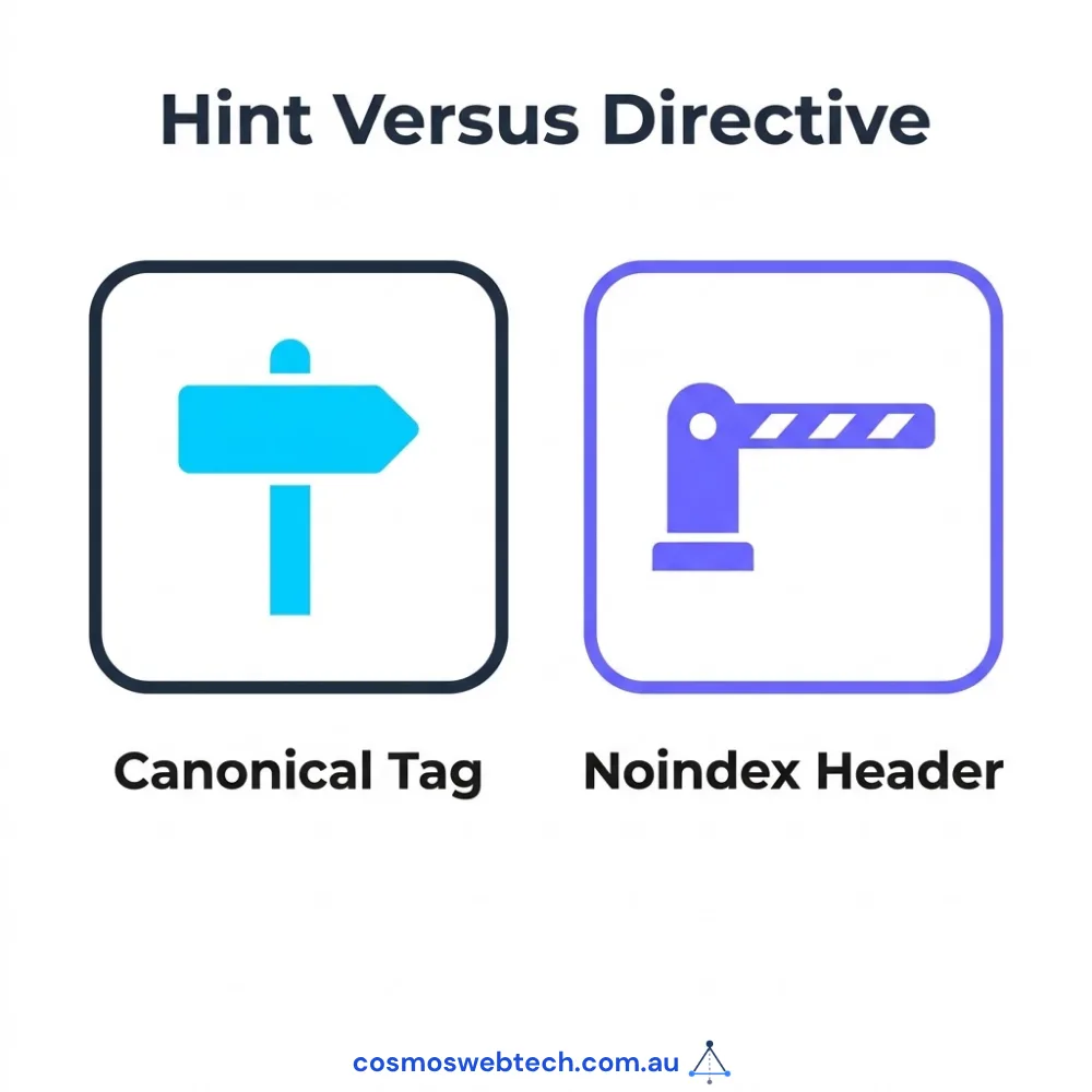 A hint is not an instruction: a canonical tag against a noindex header