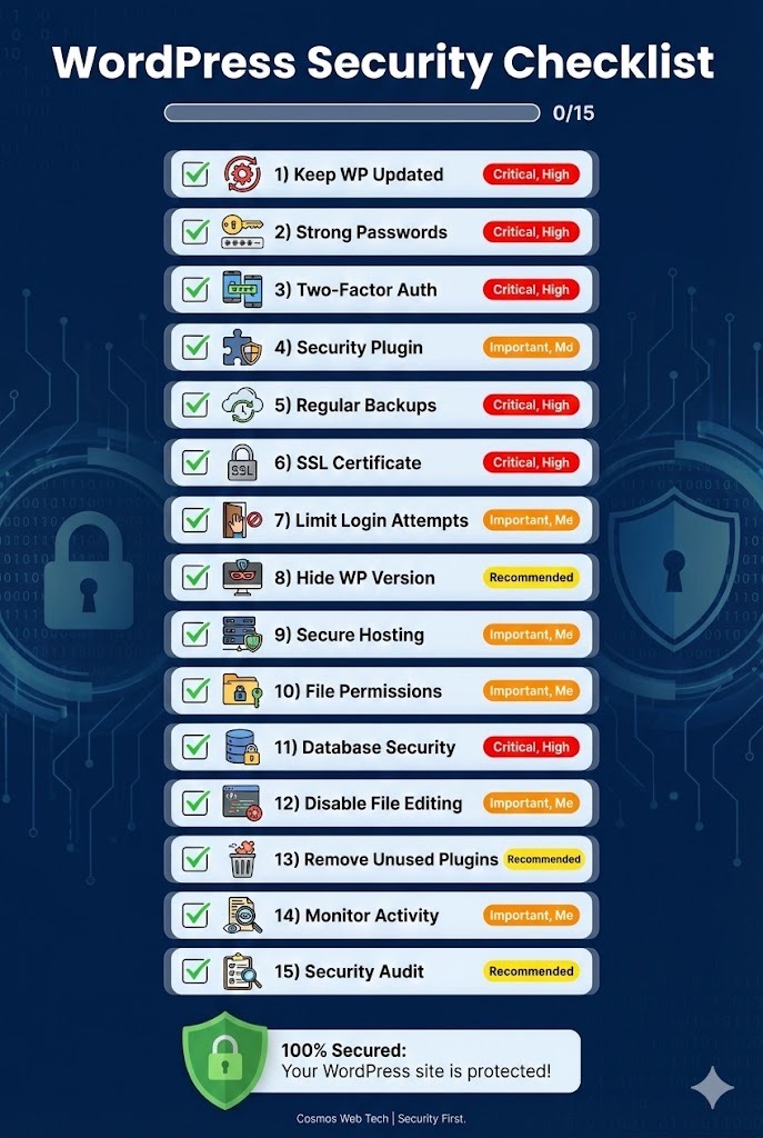WordPress Security Checklist - 15 Essential Steps with priority levels