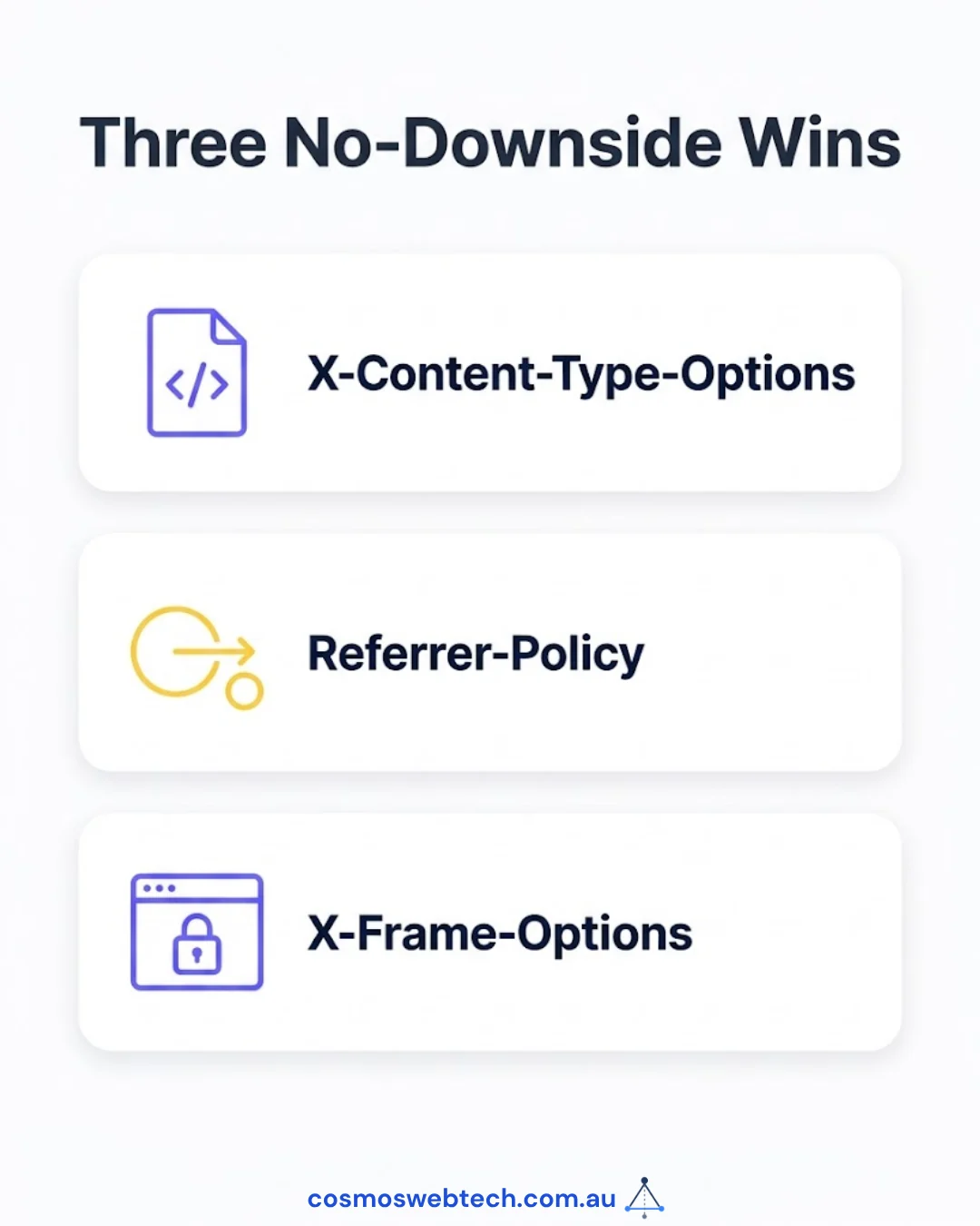 The three no-downside wins: X-Content-Type-Options, Referrer-Policy and X-Frame-Options