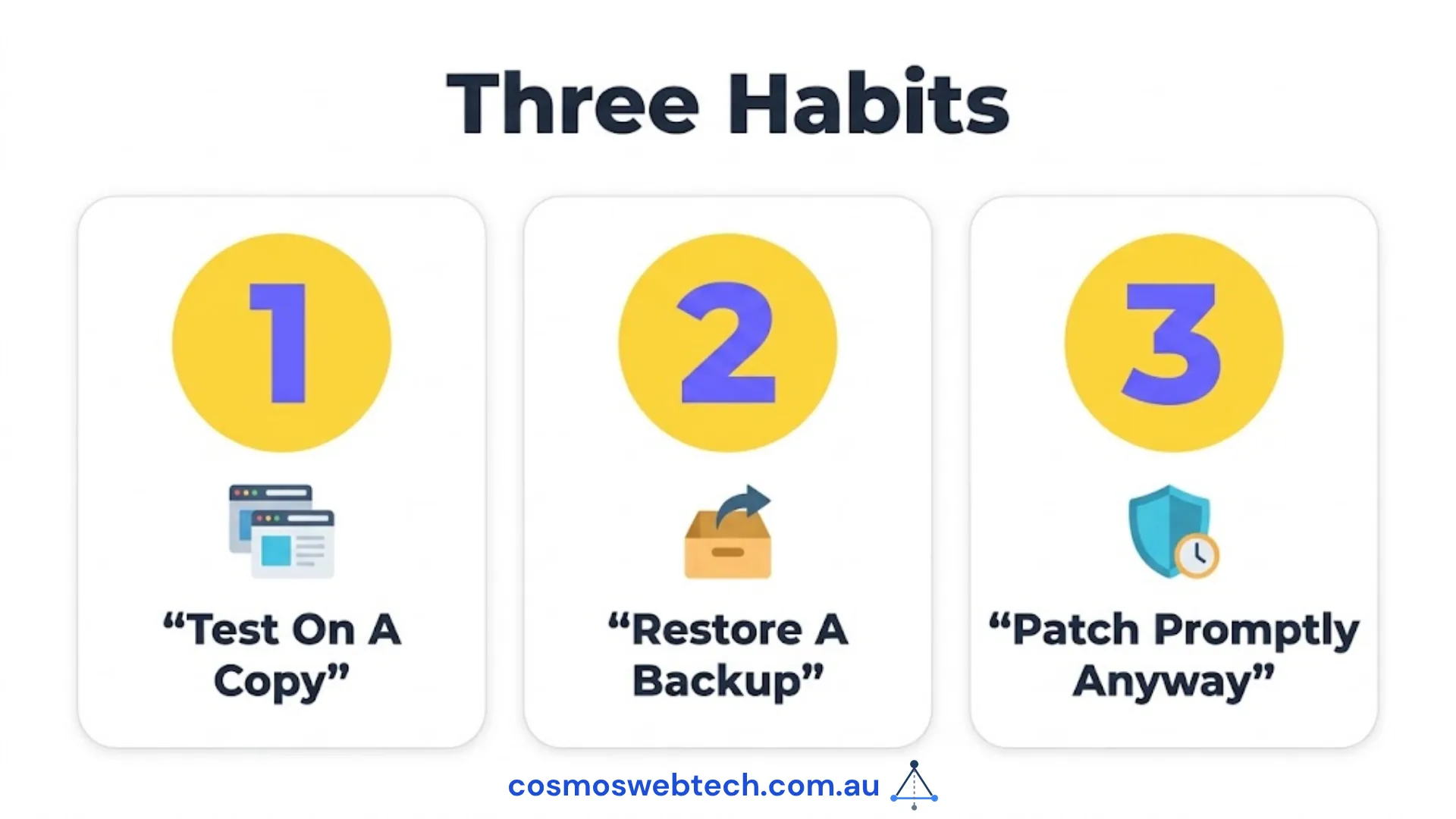 Three habits: test on a copy, restore a backup, patch promptly anyway.