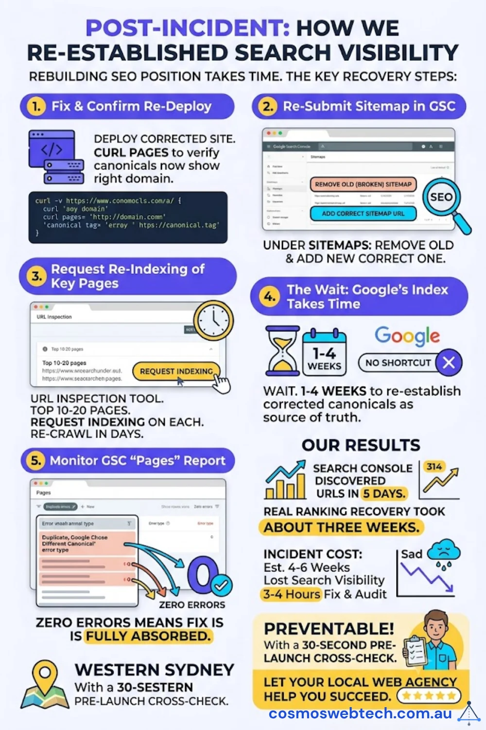 Post-incident recovery playbook: 1) Fix and confirm re-deploy — curl pages to verify canonicals now show the right domain, 2) Re-submit the sitemap in Google Search Console — remove the old broken sitemap, add the corrected one, 3) Request re-indexing of key pages via the URL Inspection tool on the top 10-20 pages, 4) Wait — Google's index takes 1-4 weeks to re-establish corrected canonicals as the source of truth, 5) Monitor the GSC Pages report until the Duplicate Google chose different canonical error count reaches zero. Real-world results: Search Console started reporting real Discovered URLs within 5 days of the fix; full ranking recovery took about 3 weeks; incident cost was 4-6 weeks of lost visibility and 3-4 hours of fix and audit time — all preventable with 30 seconds of pre-launch cross-check